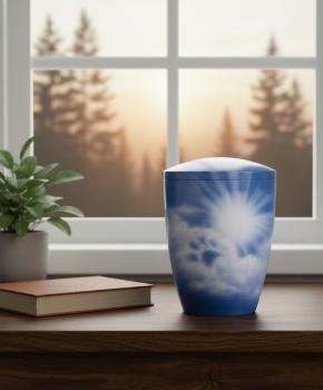 Preview: Blue pet urn with bright sun and clouds. A dignified and hopeful keepsake for your beloved darling. Create a stylish memorial at home – order yours today.